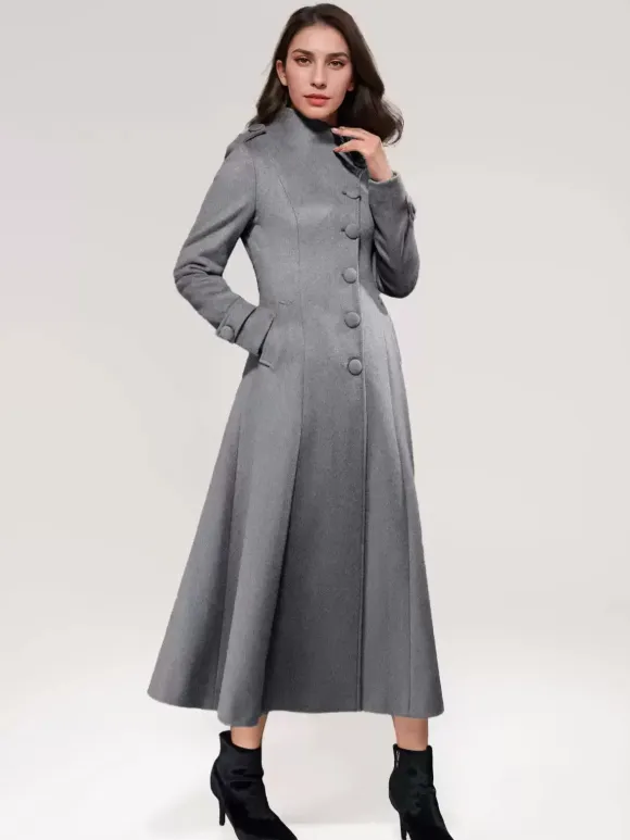 Wool Blend Long Coat A-line Flared Stand Collar Elegant Gray Vintage Winter Outerwear For Women 2026