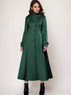 Wool Blend Long Coat A-line Flared Stand Collar Elegant Gray Vintage Winter Outerwear For Women 2026