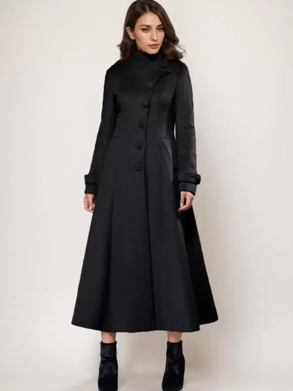 Wool Blend Long Coat A-line Flared Stand Collar Elegant Gray Vintage Winter Outerwear For Women 2026