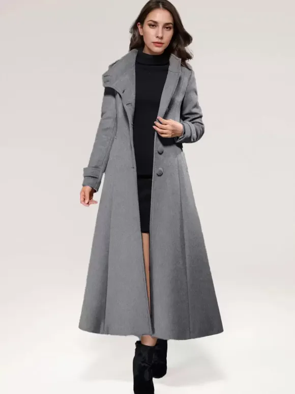 Wool Blend Long Coat A-line Flared Stand Collar Elegant Gray Vintage Winter Outerwear For Women 2026