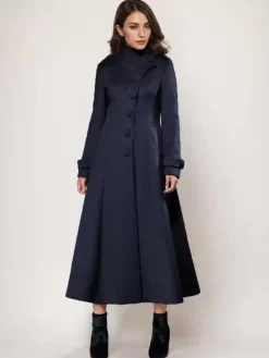 Wool Blend Long Coat A-line Flared Stand Collar Elegant Gray Vintage Winter Outerwear For Women 2026