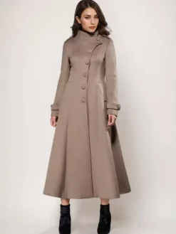 Wool Blend Long Coat A-line Flared Stand Collar Elegant Gray Vintage Winter Outerwear For Women 2026