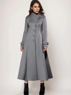 Wool Blend Long Coat A-line Flared Stand Collar Elegant Gray Vintage Winter Outerwear For Women 2026