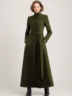 Wool Blend Long Coat Black Belted Stand Collar Winter Full Length Outerwear For Women 2026
