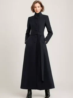 Wool Blend Long Coat Black Belted Stand Collar Winter Full Length Outerwear For Women 2026