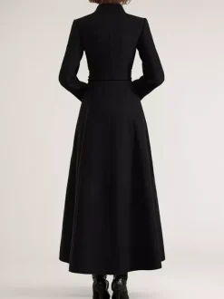 Wool Blend Long Coat Black Belted Stand Collar Winter Full Length Outerwear For Women 2026