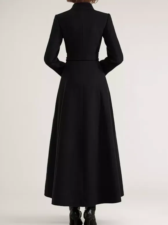 Wool Blend Long Coat Black Belted Stand Collar Winter Full Length Outerwear For Women 2026