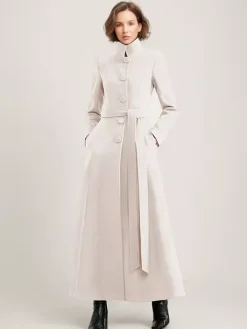 Wool Blend Long Coat Black Belted Stand Collar Winter Full Length Outerwear For Women 2026