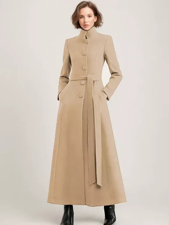 Wool Blend Long Coat Black Belted Stand Collar Winter Full Length Outerwear For Women 2026