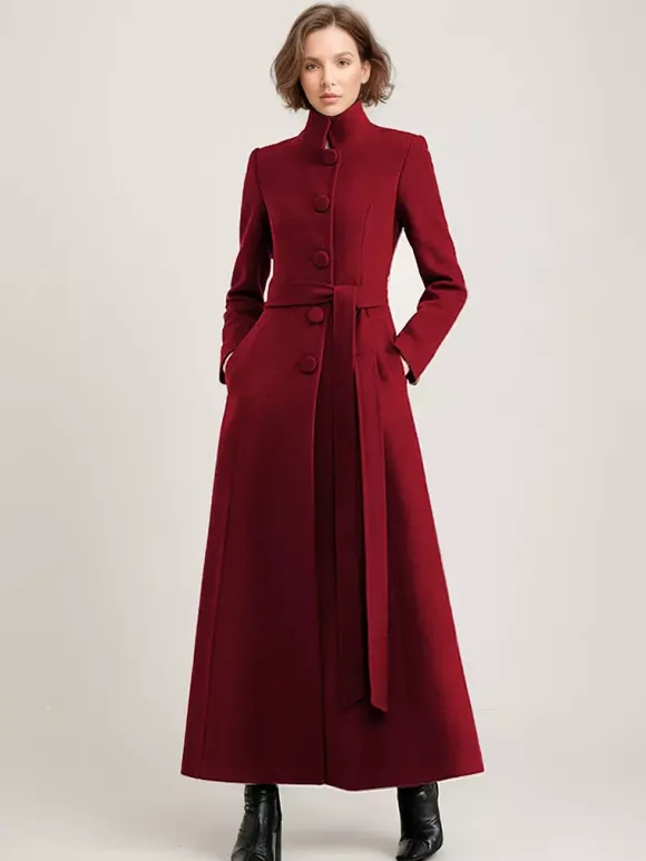 Wool Blend Long Coat Black Belted Stand Collar Winter Full Length Outerwear For Women 2026