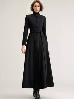 Wool Blend Long Coat Black Belted Stand Collar Winter Full Length Outerwear For Women 2026