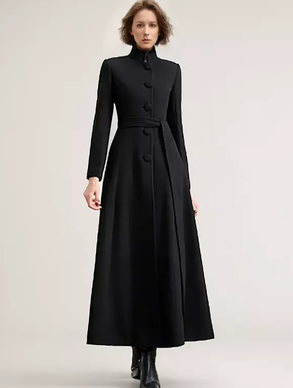 Wool Blend Long Coat Black Belted Stand Collar Winter Full Length Outerwear For Women 2026