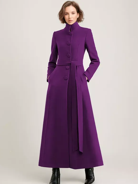 Wool Blend Long Coat Black Belted Stand Collar Winter Full Length Outerwear For Women 2026