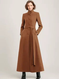 Wool Blend Long Coat Black Belted Stand Collar Winter Full Length Outerwear For Women 2026