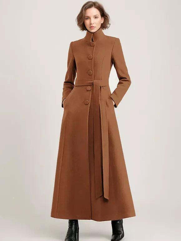 Wool Blend Long Coat Black Belted Stand Collar Winter Full Length Outerwear For Women 2026