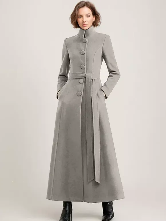 Wool Blend Long Coat Black Belted Stand Collar Winter Full Length Outerwear For Women 2026
