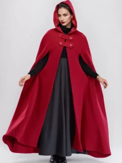 Wool Blend Maxi Cape Coat With Hooded Burgundy Full Length Poncho Oversized Outerwear For Women 2026