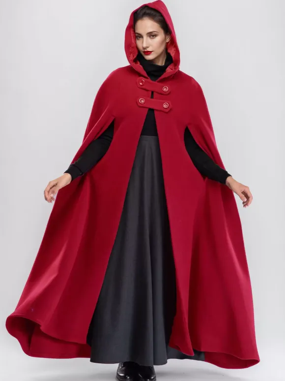 Wool Blend Maxi Cape Coat With Hooded Burgundy Full Length Poncho Oversized Outerwear For Women 2026