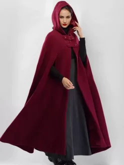 Wool Blend Maxi Cape Coat With Hooded Burgundy Full Length Poncho Oversized Outerwear For Women 2026