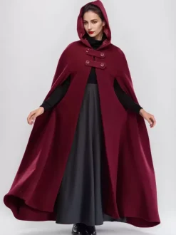 Wool Blend Maxi Cape Coat With Hooded Burgundy Full Length Poncho Oversized Outerwear For Women 2026
