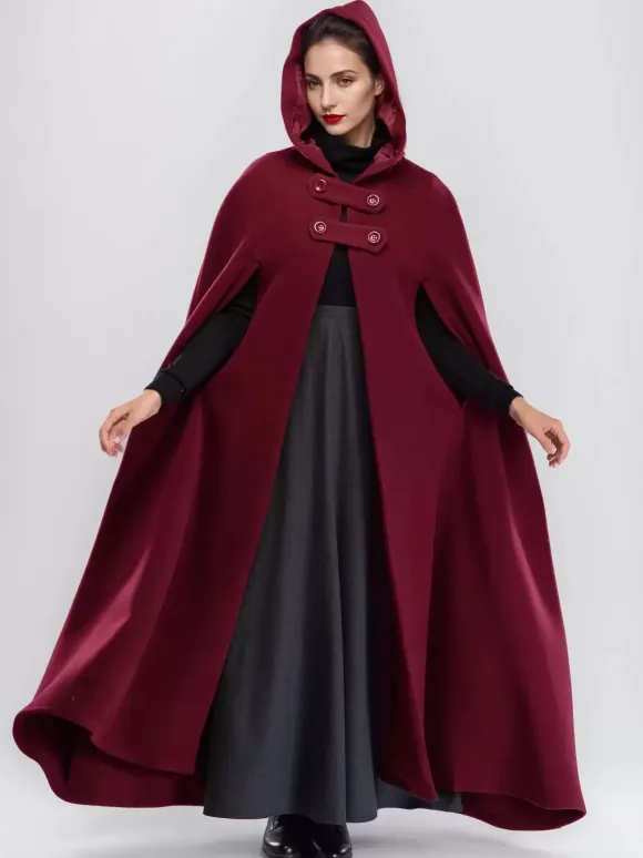 Wool Blend Maxi Cape Coat With Hooded Burgundy Full Length Poncho Oversized Outerwear For Women 2026
