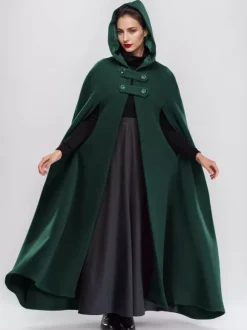 Wool Blend Maxi Cape Coat With Hooded Burgundy Full Length Poncho Oversized Outerwear For Women 2026