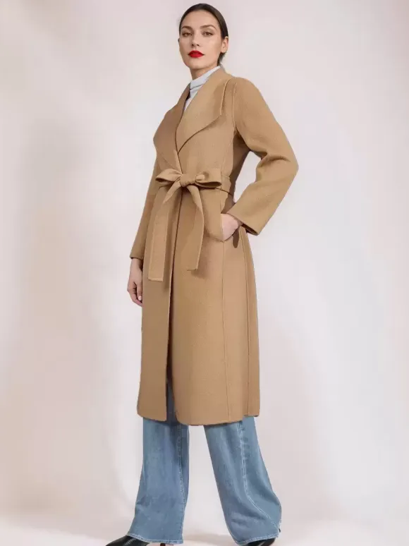 Wool Cashmere Blend Coat Belted Camel Wide Lapel Winter Double-Faced Outerwear For Women 2026