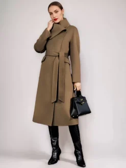 Wool Cashmere Blend Coat For Woman Winter Red Belted Double-Faced Wrap Outerwear 2026