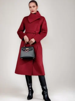 Wool Cashmere Blend Coat For Woman Winter Red Belted Double-Faced Wrap Outerwear 2026