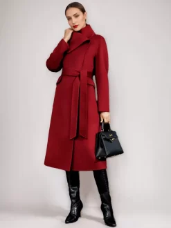 Wool Cashmere Blend Coat For Woman Winter Red Belted Double-Faced Wrap Outerwear 2026