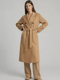 Wool Cashmere Blend Vintage A-line Coat With Classic Lapel And Belt For Women 2026