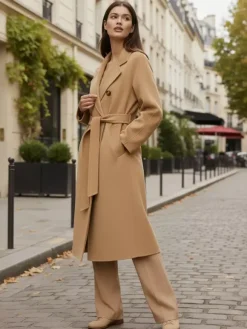 Wool Cashmere Blend Vintage A-line Coat With Classic Lapel And Belt For Women 2026