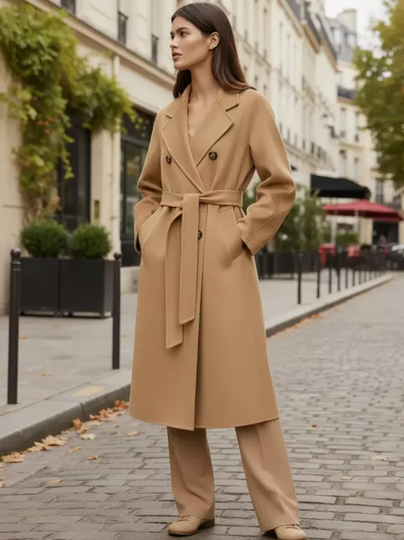 Wool Cashmere Blend Vintage A-line Coat With Classic Lapel And Belt For Women 2026