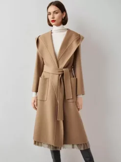 Wool Cashmere Blend Wrap Coat With Hood Double-Faced Camel Belted Winter Outerwear For Women 2026