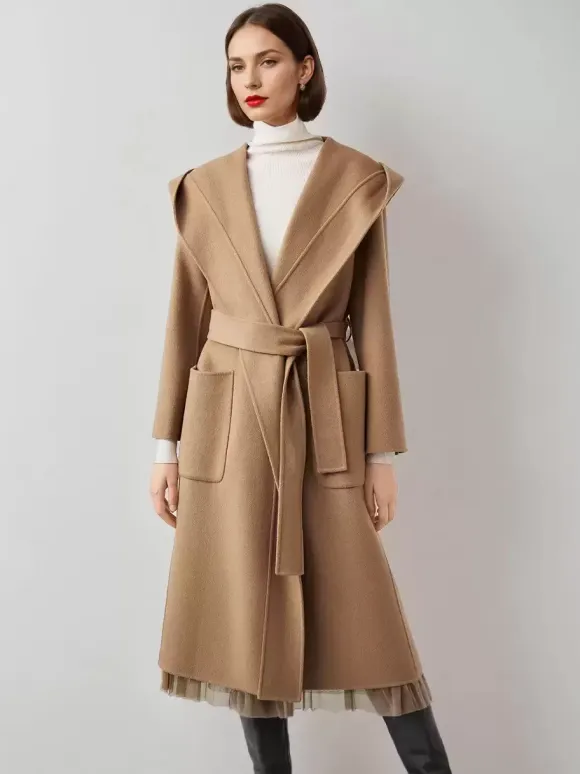 Wool Cashmere Blend Wrap Coat With Hood Double-Faced Camel Belted Winter Outerwear For Women 2026