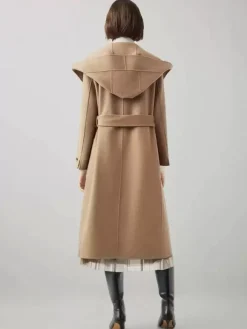 Wool Cashmere Blend Wrap Coat With Hood Double-Faced Camel Belted Winter Outerwear For Women 2026