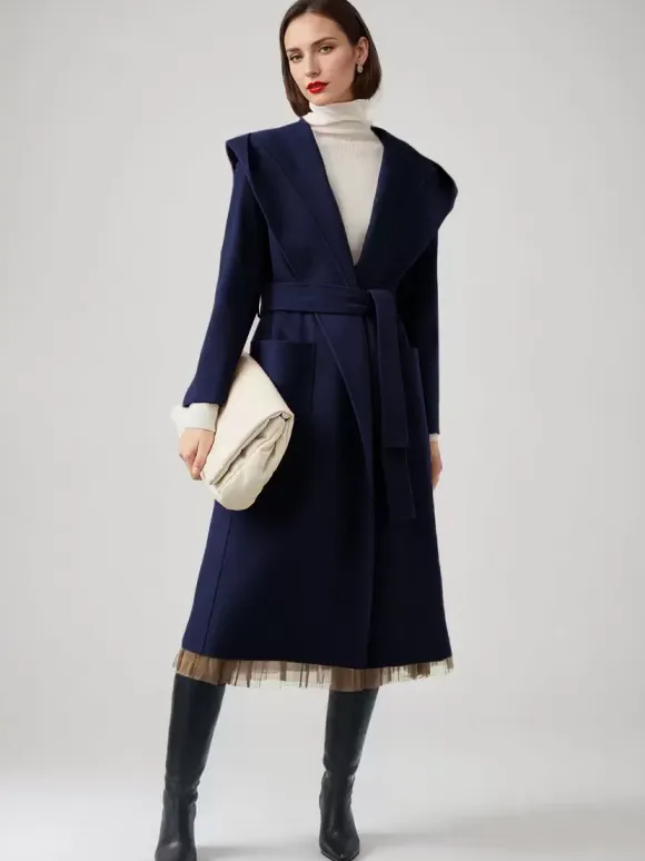 Wool Cashmere Blend Wrap Coat With Hood Double-Faced Camel Belted Winter Outerwear For Women 2026