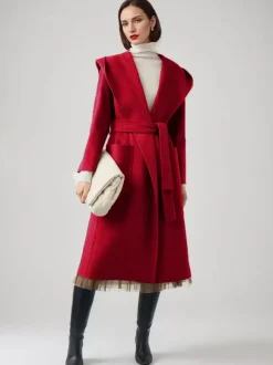 Wool Cashmere Blend Wrap Coat With Hood Double-Faced Camel Belted Winter Outerwear For Women 2026