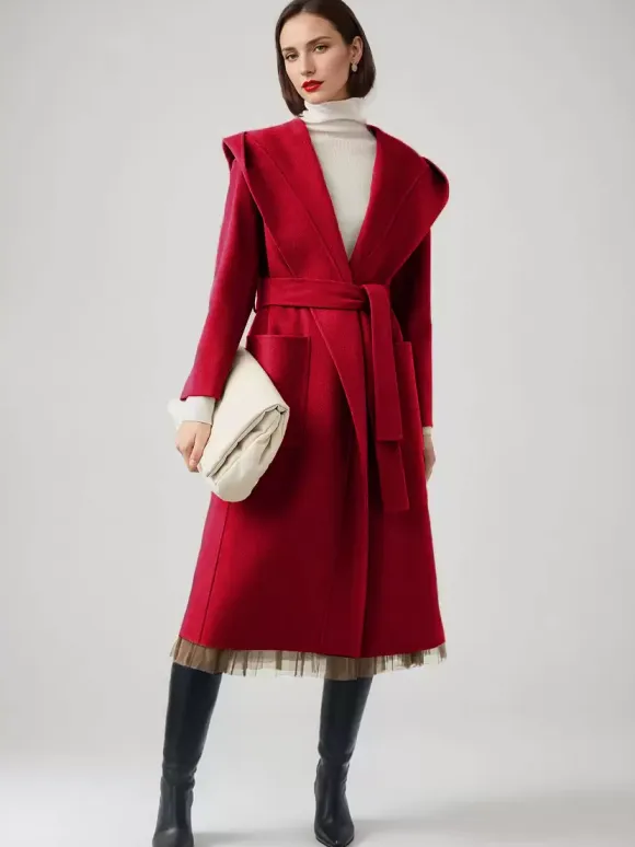 Wool Cashmere Blend Wrap Coat With Hood Double-Faced Camel Belted Winter Outerwear For Women 2026