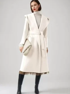 Wool Cashmere Blend Wrap Coat With Hood Double-Faced Camel Belted Winter Outerwear For Women 2026