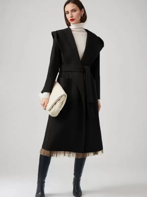 Wool Cashmere Blend Wrap Coat With Hood Double-Faced Camel Belted Winter Outerwear For Women 2026