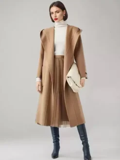 Wool Cashmere Blend Wrap Coat With Hood Double-Faced Camel Belted Winter Outerwear For Women 2026