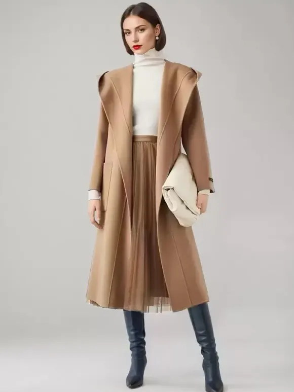 Wool Cashmere Blend Wrap Coat With Hood Double-Faced Camel Belted Winter Outerwear For Women 2026