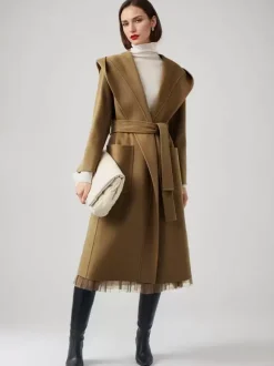Wool Cashmere Blend Wrap Coat With Hood Double-Faced Camel Belted Winter Outerwear For Women 2026
