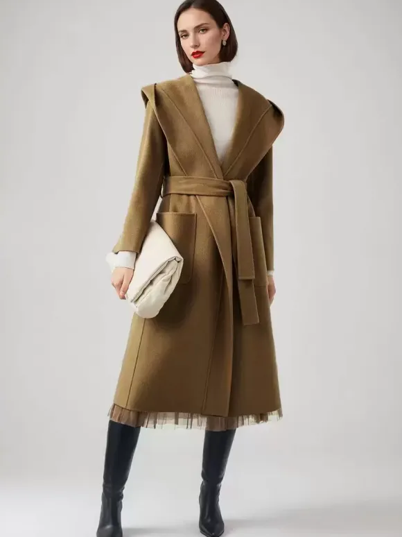 Wool Cashmere Blend Wrap Coat With Hood Double-Faced Camel Belted Winter Outerwear For Women 2026