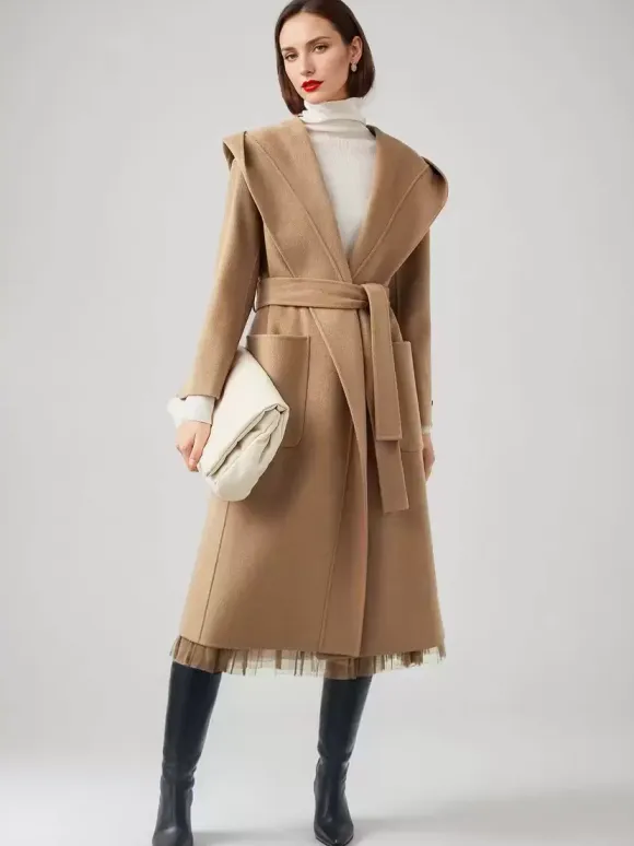 Wool Cashmere Blend Wrap Coat With Hood Double-Faced Camel Belted Winter Outerwear For Women 2026