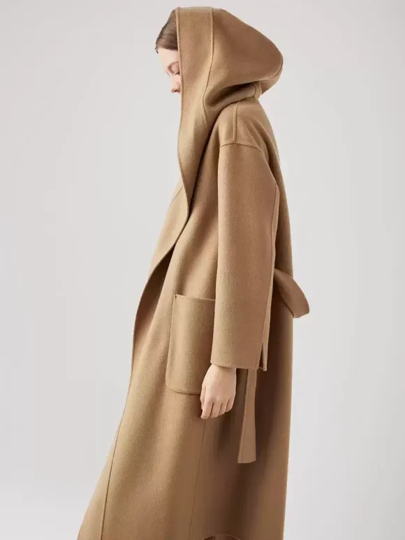 Wool Cashmere Blend Wrap Coat With Hood Double-Faced Camel Belted Winter Outerwear For Women 2026