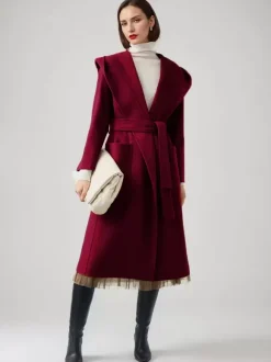 Wool Cashmere Blend Wrap Coat With Hood Double-Faced Camel Belted Winter Outerwear For Women 2026