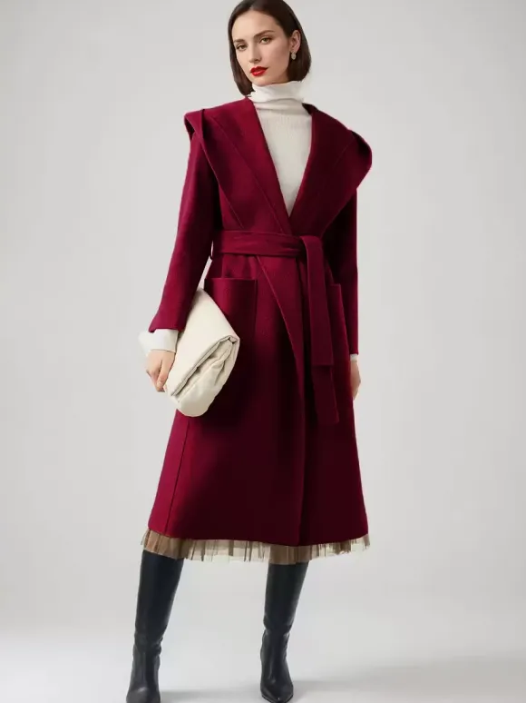Wool Cashmere Blend Wrap Coat With Hood Double-Faced Camel Belted Winter Outerwear For Women 2026