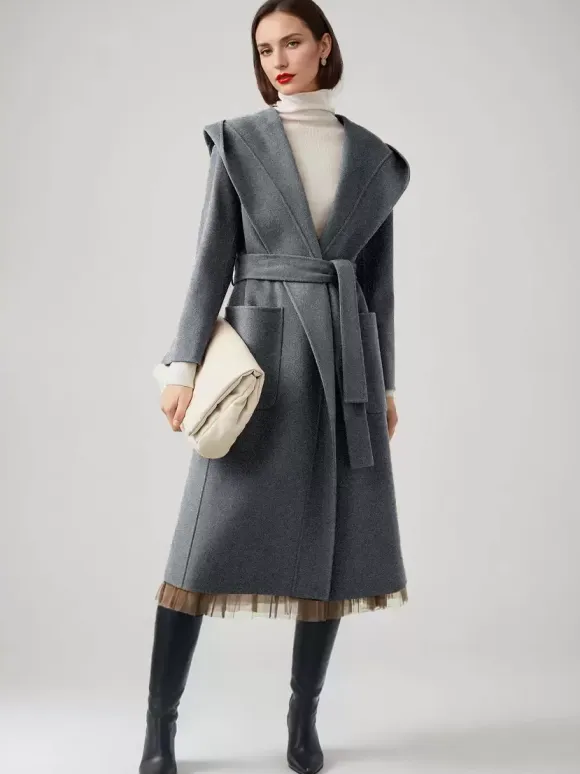 Wool Cashmere Blend Wrap Coat With Hood Double-Faced Camel Belted Winter Outerwear For Women 2026
